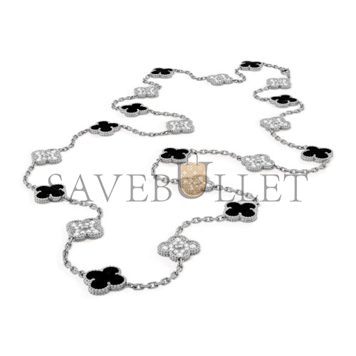 V*N CL*F arpels vintage alhambra long necklace, 20 motifs - white gold, diamond, onyx vcarp2r800