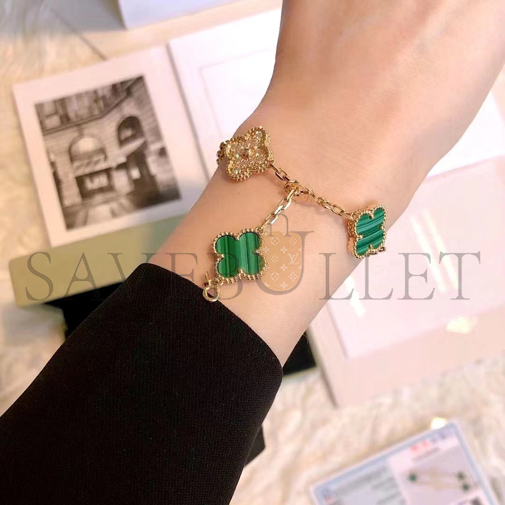 V*N CL*F arpels vintage alhambra bracelet, 5 motifs - yellow gold, diamond, malachite vcaro7gq00